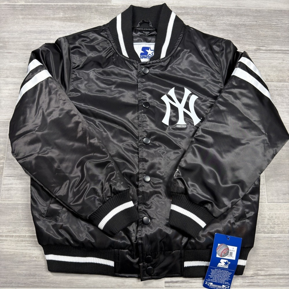New York Yankees STARTER Satin Jacket MLB Kids Size Small (8-10)‎ Black New